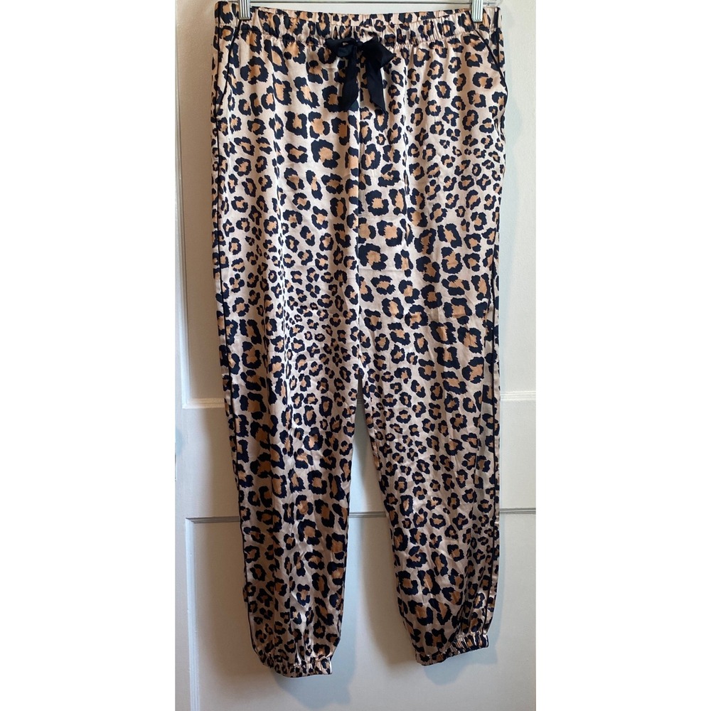 Victorias Secret Leopard Satin Pajama Jogger Pants Tan Black Animal Print Large